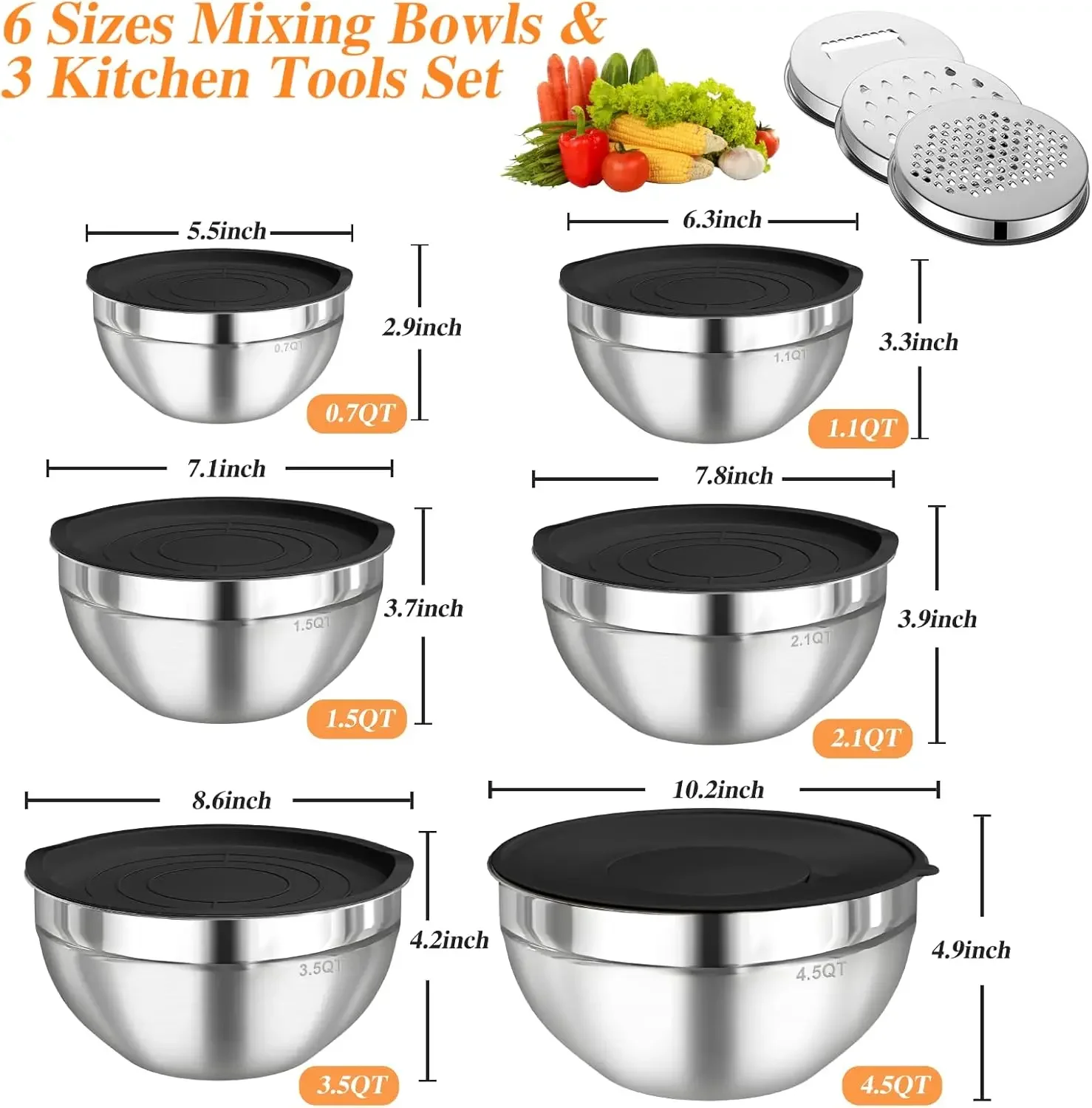6개 스테인리스 스틸 믹싱 볼 세트 (밀폐 뚜껑 포함) - Food Storage Stainless Steel 리뷰 및 가격